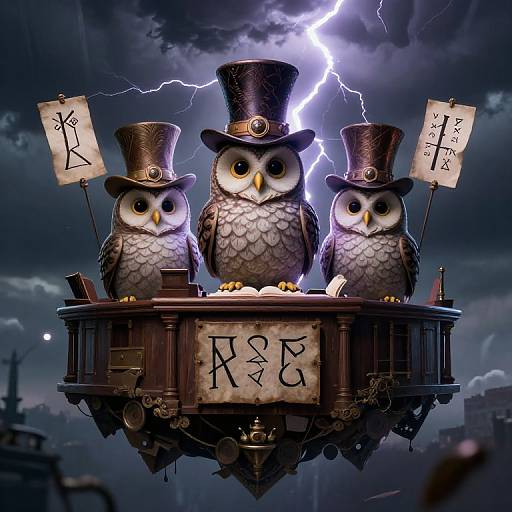 Digital artwork of three owls in top hats, holding signs with runes, floating on a wooden platform under a lightning storm.