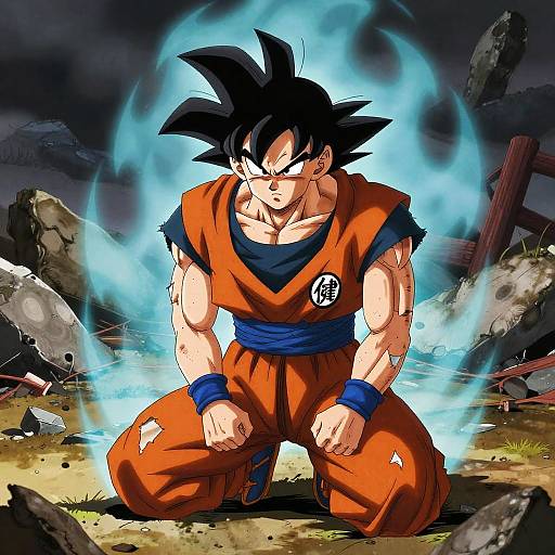 Sad Goku Amidst Battlefield Ruins
