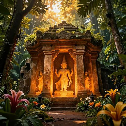Photograph of a glowing, ancient stone temple with a statue of a dancing deity, surrounded by vibrant jungle foliage and flowers.