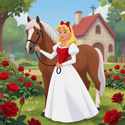 Digital illustration of a blonde woman in a red and white dress holding a brown horse's reins, standing in a rose-filled garden with a stone cottage in