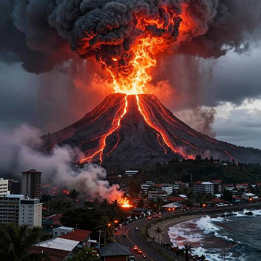 Photograph of a volcanic eruption: Bright red lava flows down a mountain, surrounded by thick black and gray smoke, with a coastal town and ocean in