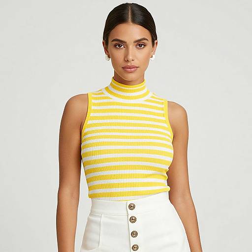 Photograph of a woman with dark hair in a ponytail, wearing a yellow and white striped sleeveless turtleneck top, and white high-w