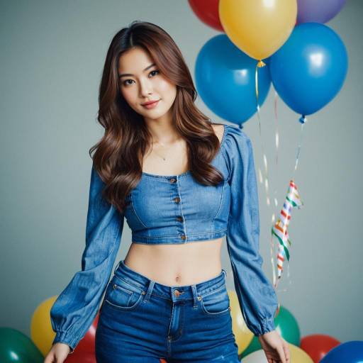 Young Woman in Denim Outfit with Balloons
