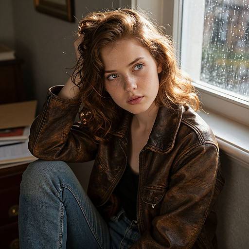 Photograph of a young woman with wavy brown hair, wearing a brown leather jacket and blue jeans, sitting by a sunlit window, looking pens