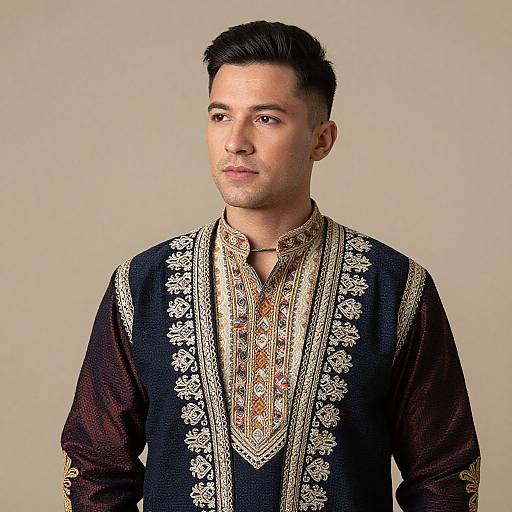 Photograph of a young, fair-skinned man with short black hair, wearing an ornately embroidered black traditional Pakistani shalwar kameez with