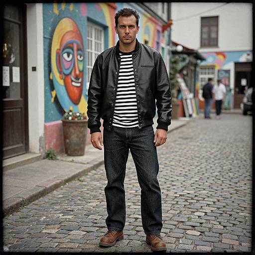 Photograph of a serious, short-haired man in a black leather jacket, striped shirt, and jeans, standing on a cobblestone street with colorful