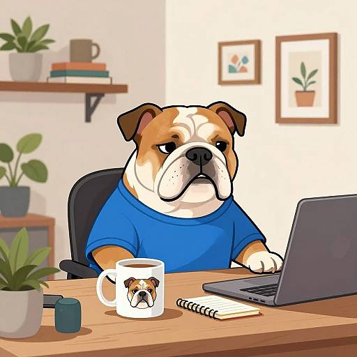 Cartoon of a grumpy bulldog in a blue shirt working at a desk with a laptop, mug, and potted plants.