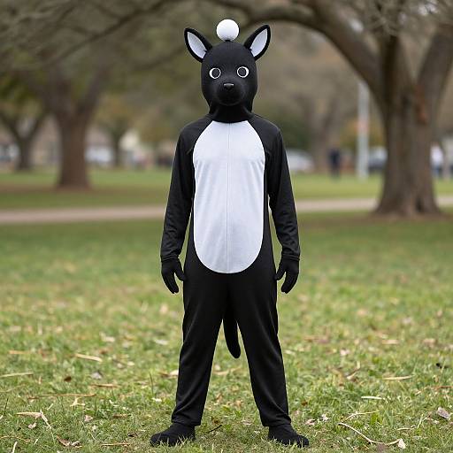 Photograph of a person standing in a park, wearing a black and white rabbit costume with large ears and a white belly, in a grassy area