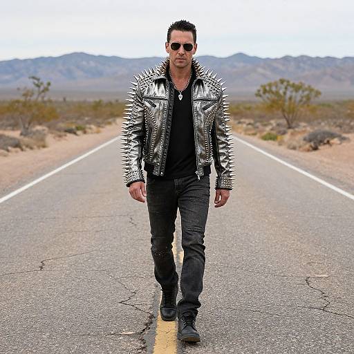 Photograph of a muscular man with short black hair, wearing sunglasses, a silver spiked leather jacket, black shirt, and jeans, walking down a desert
