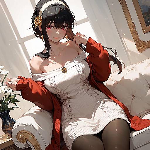 Anime Girl in Red Sweater Dress