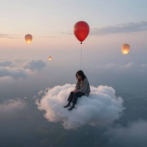 Photograph of a woman with long brown hair, wearing a gray shirt and black pants, sitting on a fluffy cloud, holding a red balloon, surrounded