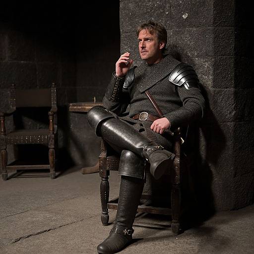Photograph of a rugged, brown-haired man in medieval armor, sitting on a wooden chair against a dark, stone wall, holding a cigarette. Dim
