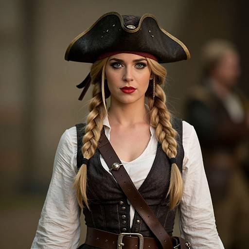 Photograph of a blonde woman with braided hair, wearing a black tricorn hat, white shirt, black vest, and brown belt, posing as