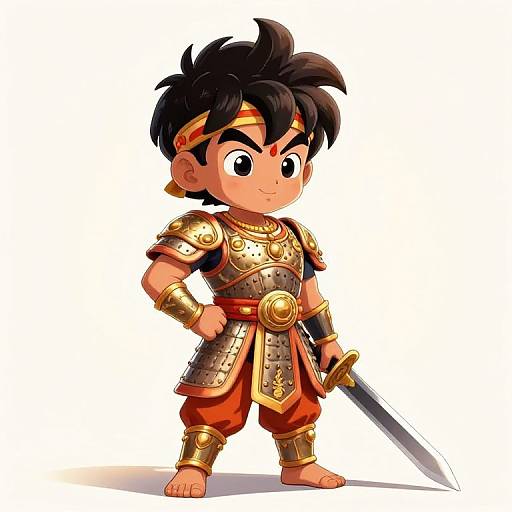 Chibi-style digital drawing of a young, determined warrior with black spiky hair, wearing gold armor, red pants, and holding a sword.
