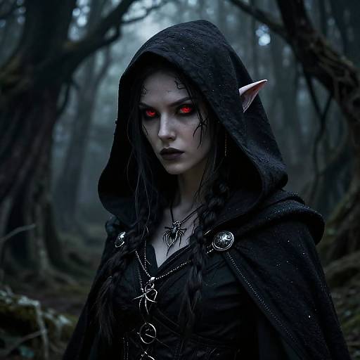 Digital artwork of a pale, dark-haired elf with glowing red eyes, black hooded cloak, and dark makeup, standing in a misty forest.