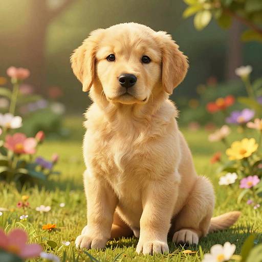 Photograph of a fluffy, golden Labrador puppy sitting on lush green grass, surrounded by colorful flowers in a sunlit garden.