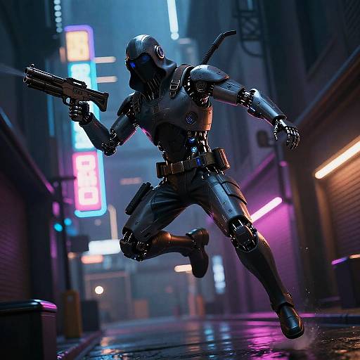 Cybernetic soldier in neon-lit alleyway, holding dual guns, mid-leap. Glowing neon signs and wet street reflect futuristic urban