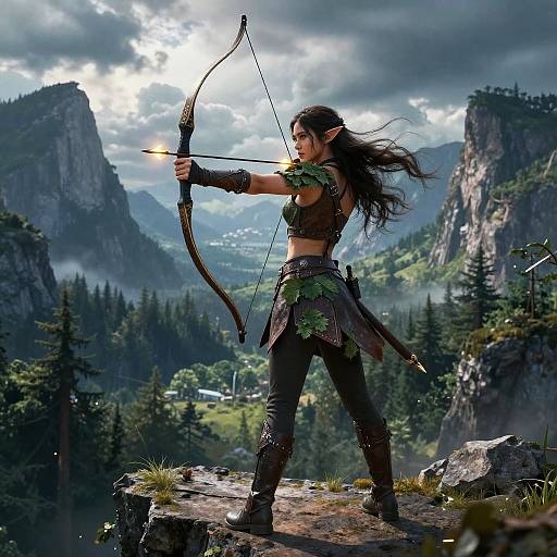 Epic fantasy photo: Elf archer with long black hair, green leaf armor, standing on rocky outcrop, drawing bow in misty mountain forest