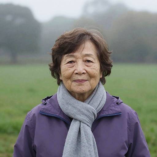 Elderly Woman in Foggy Green Field