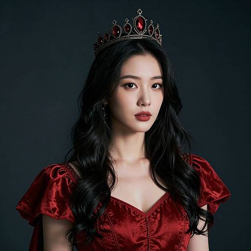 Photograph of an Asian woman with long black hair, wearing a red velvet dress and silver tiara with red gems, against a dark background. Reg