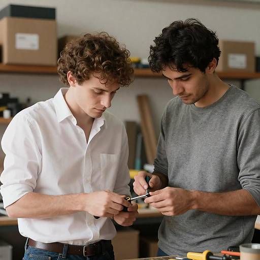 Two Men in Cluttered Workshop