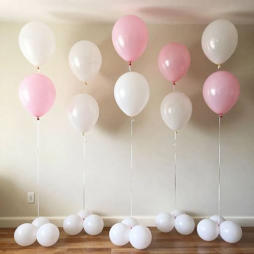 Photograph of eight balloons, four pink and four white, standing in two rows on white bases, against a plain white wall.