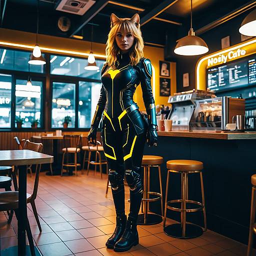 Futuristic Cat Girl in Cafe
