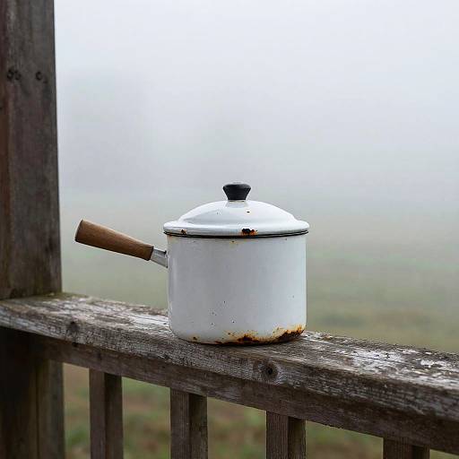 Photograph of a white, rusted metal pot with a wooden handle, sitting on a weathered wooden railing, overlooking a foggy, blurry landscape