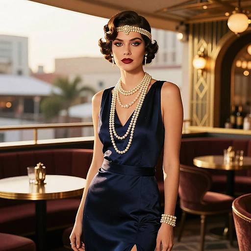 Vintage-style photograph of a pale-skinned woman with dark, wavy bob, wearing a navy blue flapper dress, pearl jewelry, and red lipstick