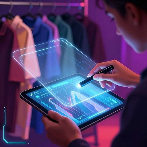 Photograph of a person using a glowing blue augmented reality tablet in a brightly lit clothing store, drawing on the screen.