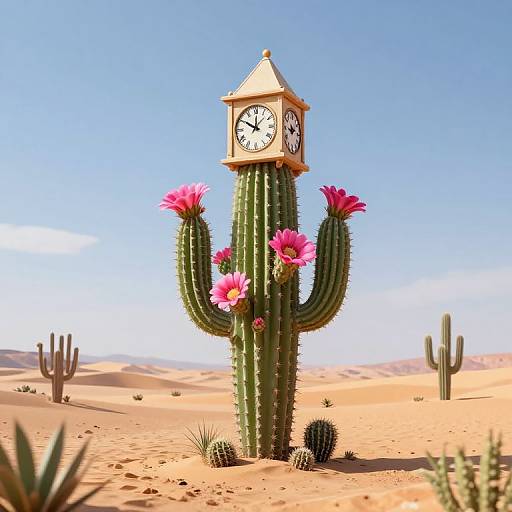 Digital illustration of a cactus with a clock face on top, adorned with pink flowers, standing in a desert with clear blue sky and other cact