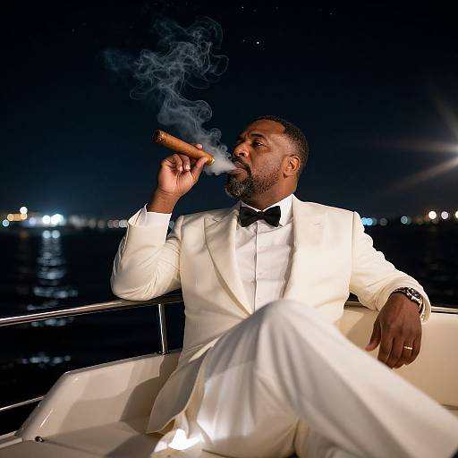 Photograph of a Black man in a white tuxedo, black bowtie, smoking a cigar on a nighttime yacht, city lights in background.