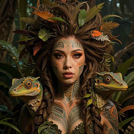 Photorealistic digital art of a tattooed woman with wild brown hair adorned with leaves, feathers, and two chameleons on her shoulders,