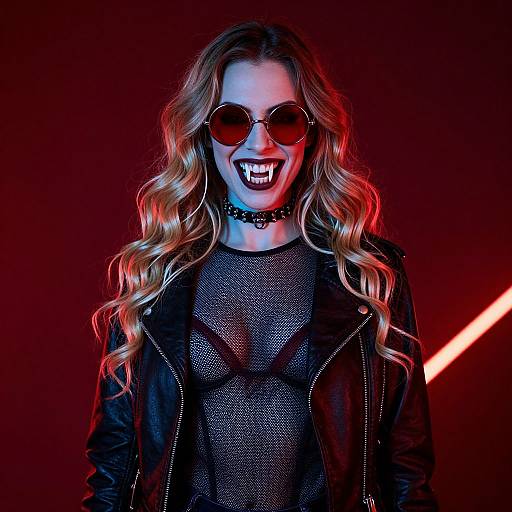 Photograph of a smiling woman with long wavy blonde hair, wearing red sunglasses, black leather jacket, mesh top, choker, and fangs