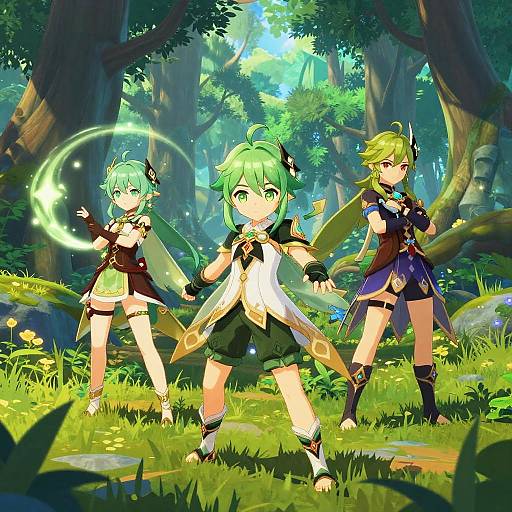 Digital anime-style forest scene with three green-haired, fantasy-themed characters. One casts a glowing spell, the central one wears shorts, and the right one