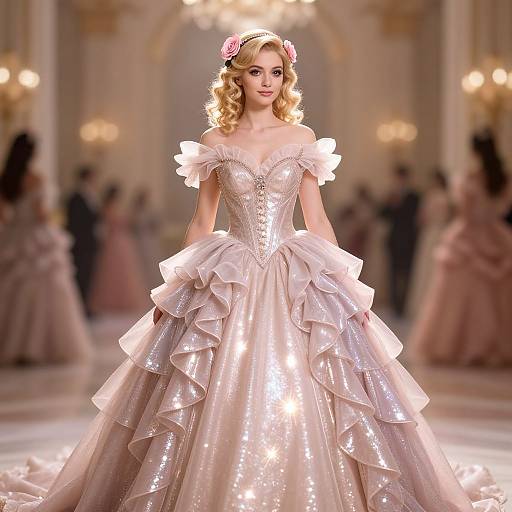 Blonde woman in a sparkling, off-shoulder, ruffled ball gown with pink flower headpiece, on a glamorous, chandelier-lit