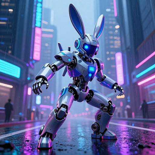Neon-lit cyberbunny robot with glowing blue accents stands in a rainy, futuristic city street with vibrant neon signs. CGI artwork.