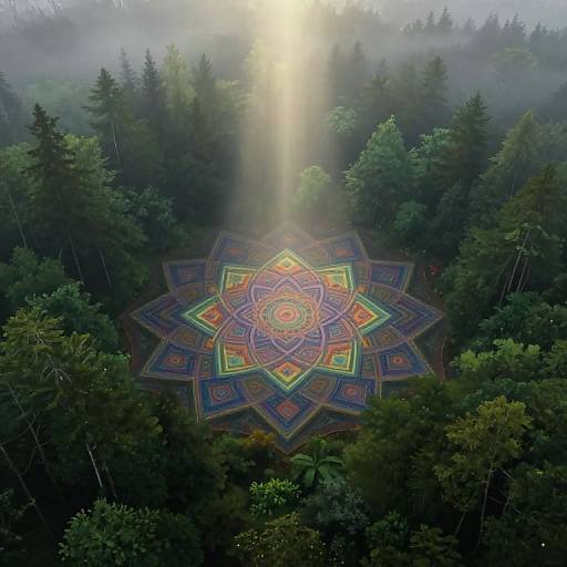 Aerial photograph of a colorful, intricate mandala on a forest floor, surrounded by dense, misty trees, with sunlight piercing through the fog from