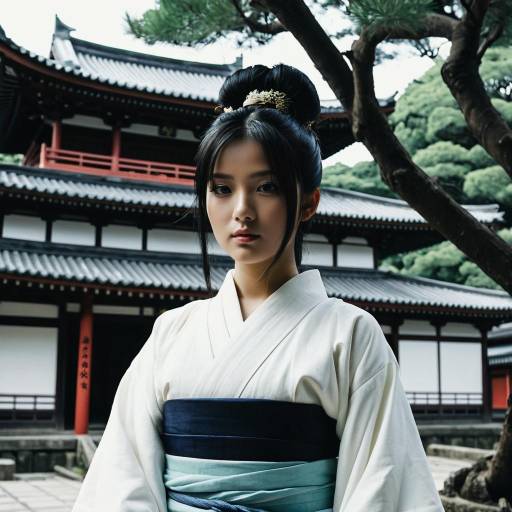 Young Woman in Traditional Japanese Kimono Outdoors