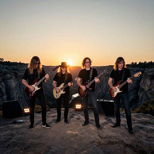 Photograph of three male rock musicians with long hair playing electric guitars at sunset on a rocky outdoor stage.