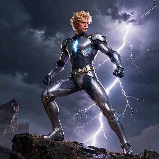 Blond Superhero on Rocky Cliff