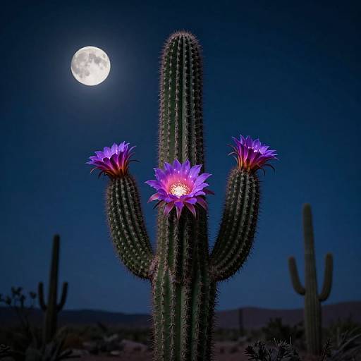 Photograph of a moonlit night desert scene featuring a cactus with three glowing purple flowers, illuminated by the full moon.