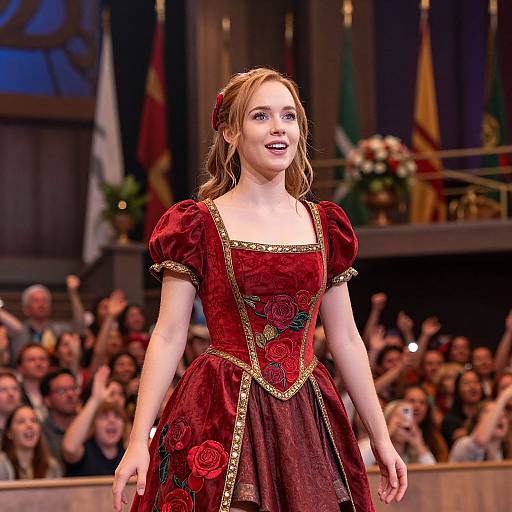 Photograph of a smiling, fair-skinned woman with red hair in a maroon, rose-embroidered, puffed-sleeve dress