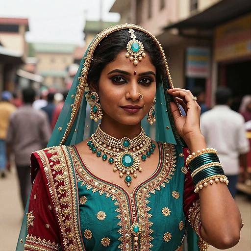 Photograph of a beautiful Indian woman in a traditional green and gold saree with intricate jewelry, standing in a bustling street.