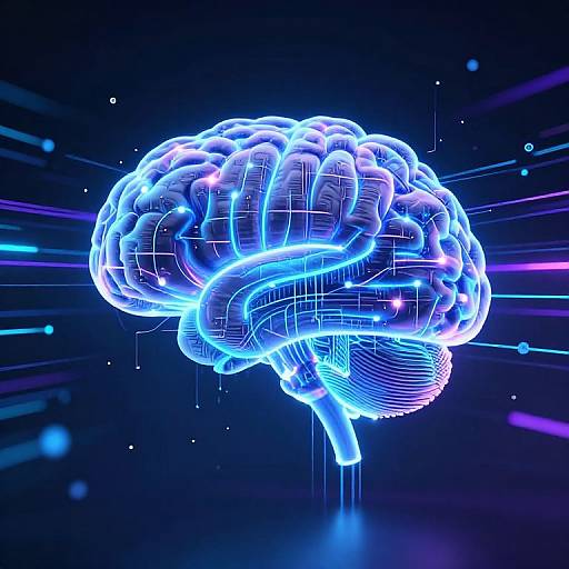 Digital CGI of a glowing blue neon brain against a dark, starry background with neon lines and grid patterns.
