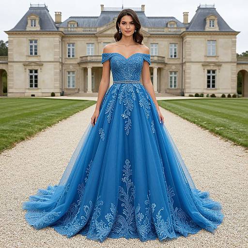 Woman in Elegant Blue Embroidered Prom Dress