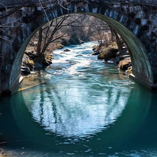 Photograph of a stone arch bridge over a flowing, icy blue river, reflecting sunlight through leafless trees in the background.