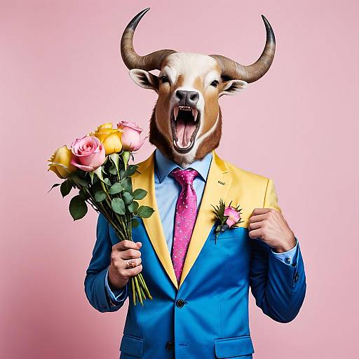Surreal Bull-Headed Man in Colorful Suit Holding Flowers