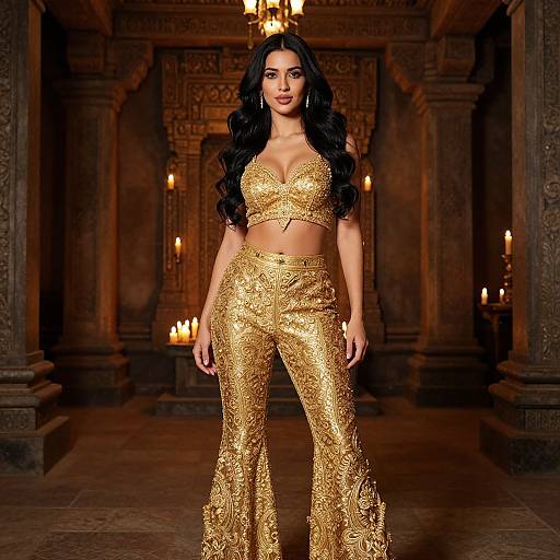 Photograph of a dark-haired woman in a gold, intricately patterned crop top and pants, standing in a dimly lit, ornate,