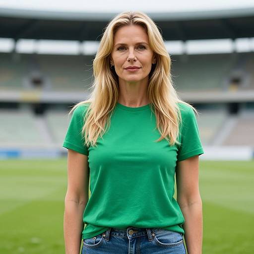 Photograph of a blonde woman with long hair, green t-shirt, and blue jeans, standing in a blurred soccer stadium.